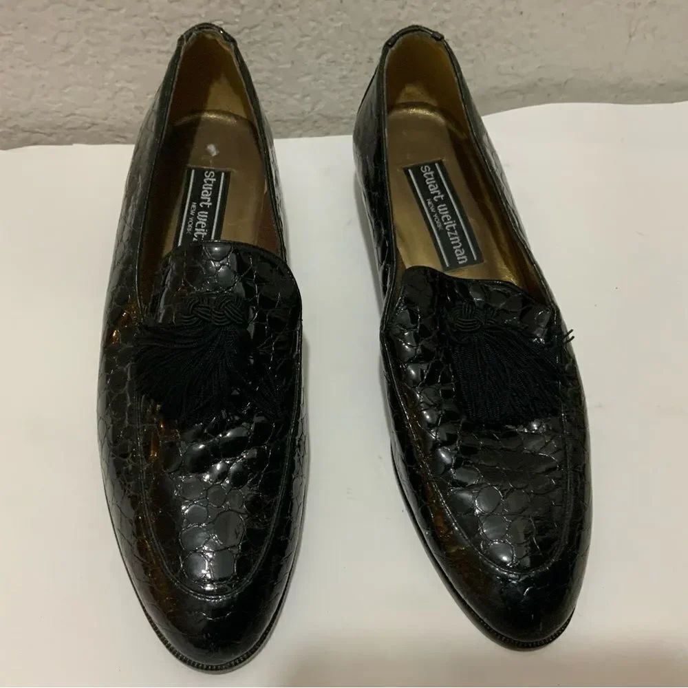 Stuart Weitzman "Razmataz" Black Croc Leather Tassel Dress Loafers US Wm Sz 8N